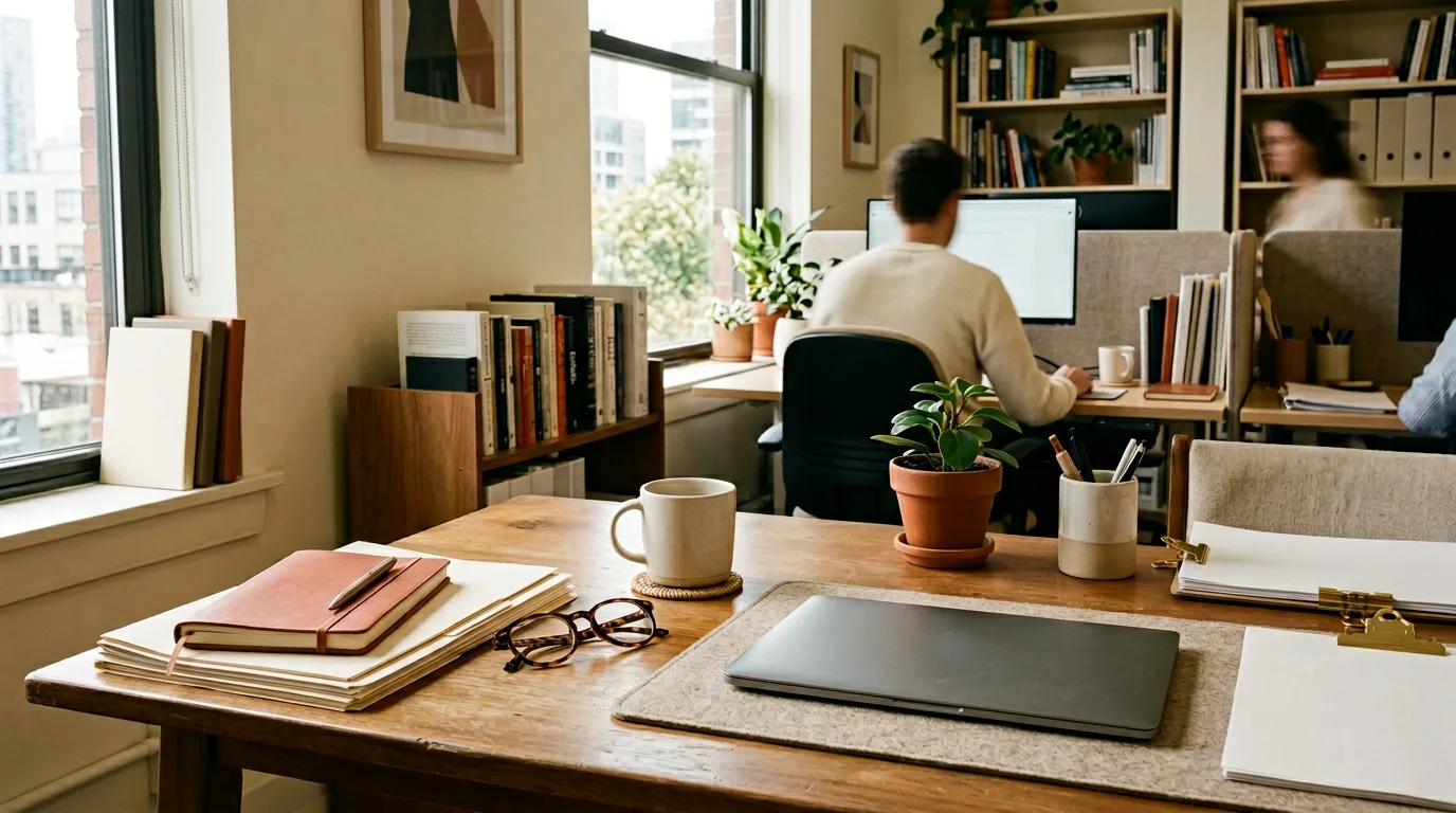 Redaktionsarbeitsplatz und Unterlagen quietroutinecanvas.info Editorial 1200x800